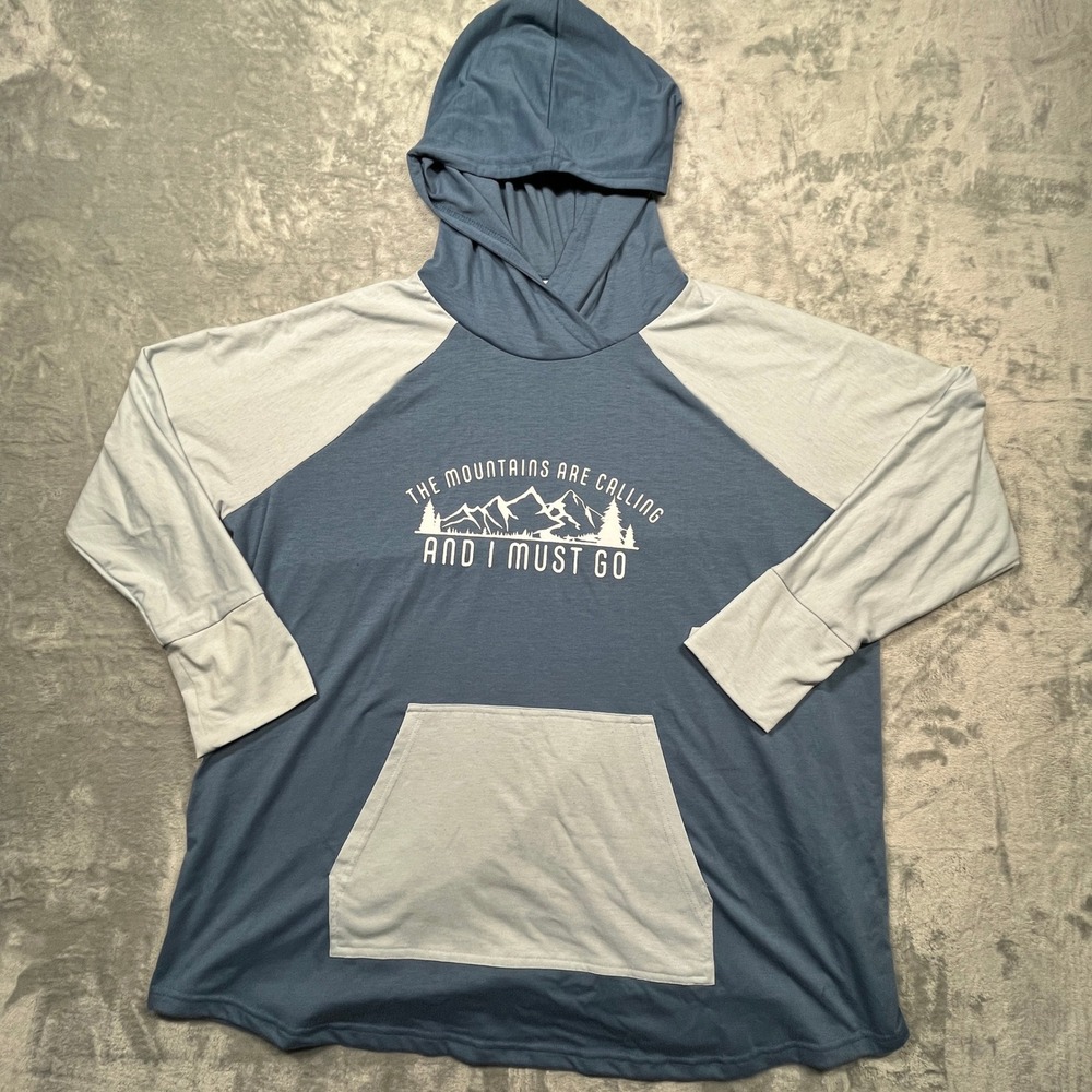LuLaRoe Hoodie Women Blue Mountains Are Calling Graphic Raglan Pullover 2XL